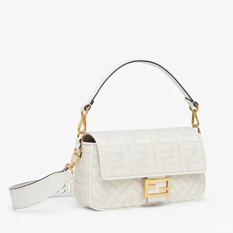 Cheap Baguette Cut White Fendi Canvas Medium In Motif FF Laser with Bag Strap 0405
